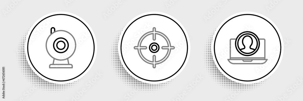 Poster set line create account screen, web camera and target sport icon. vector