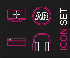 Set line Headphones, Video game console, Ar, augmented reality and Computer monitor icon. Vector