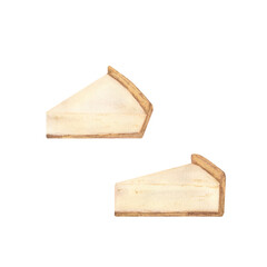 A set of slices of different angles of cheesecake cheese pie, highlighted on a white background. Watercolor illustration. Template for menu design, invitations, postcards, kitchen text, wallpapers