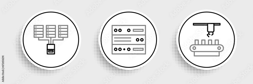 Aufkleber set line factory conveyor system belt, server, data, web hosting and icon. vector