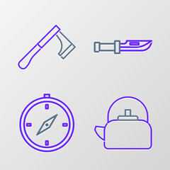 Set line Kettle with handle, Compass, Camping knife and Wooden axe icon. Vector