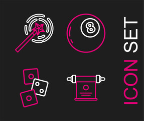 Set line Magic scroll, Game dice, ball of predictions and wand icon. Vector