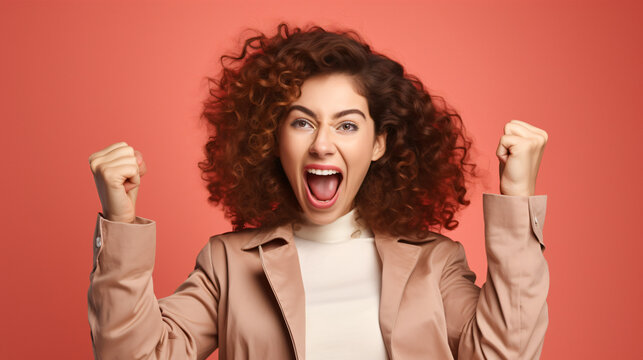 
Photo of cheerful overjoyed funny woman raise fists in victory see big bargains in phone isolated on beige color background