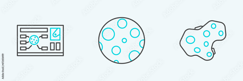 Poster set line asteroid, futuristic hud interface and moon icon. vector