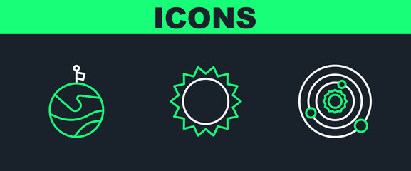 Set line Solar system, Moon with flag and Sun icon. Vector