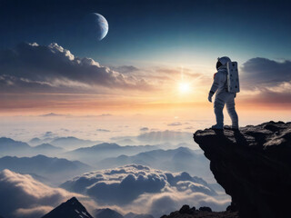 Silhouette of an astronaut in the mountains with misty clouds in the basin and the large strange planet with the sunset. 