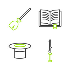 Set line Magic wand, Magician hat, Ancient magic book and Witches broom icon. Vector
