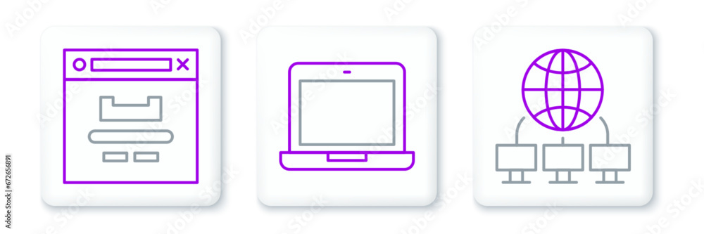 Aufkleber set line computer network, browser window and laptop icon. vector