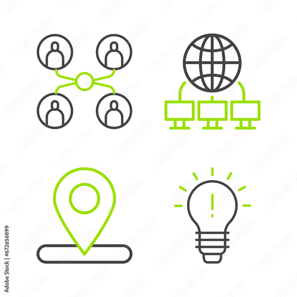 Wall mural set line light bulb with concept of idea, location, computer network and online class icon. vector