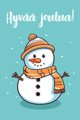 Colorful vector illustration of a smiling snowman against blue background. Traditional winter holiday greeting card from Finland
