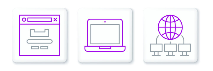 Set line Computer network, Browser window and Laptop icon. Vector