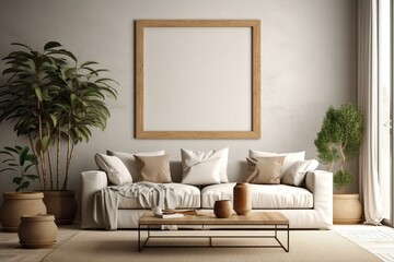 Cozy living room ambiance with sofa, decor, wide view. Empty frame. Generative AI