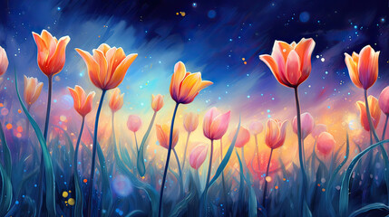 Obraz na płótnie Canvas Luminous tulips, gently swaying in a celestial breeze beneath the Milky Way Ai Generative