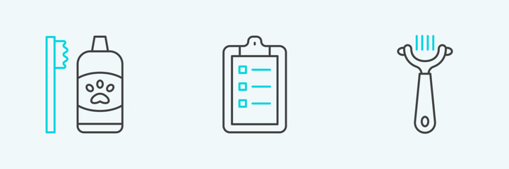 Set line Hair brush for dog and cat, Dental hygiene pets and Grooming salon price list icon. Vector