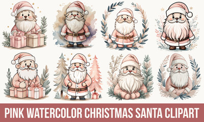 Cute Watercolor Christmas Santa Clipart In Light Pink And Beige Tones