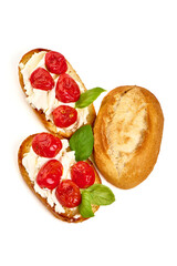 Crostini with cream cheese, isolated on white background. High resolution image.
