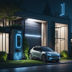 Modern Residential Building House With Technology For Electric  Vehicles, Charging Eco Frendly Electric Futuristic Car From Wallbox, Generative AI