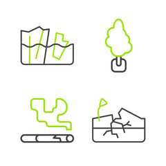 Set line Earthquake, Cigarette, Tree and Glacier melting icon. Vector