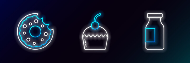 Set line Bottle with milk, Donut and Cake icon. Glowing neon. Vector