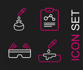 Set line Petri dish with pipette, Safety goggle glasses, Chemistry report and Test tube and flask icon. Vector