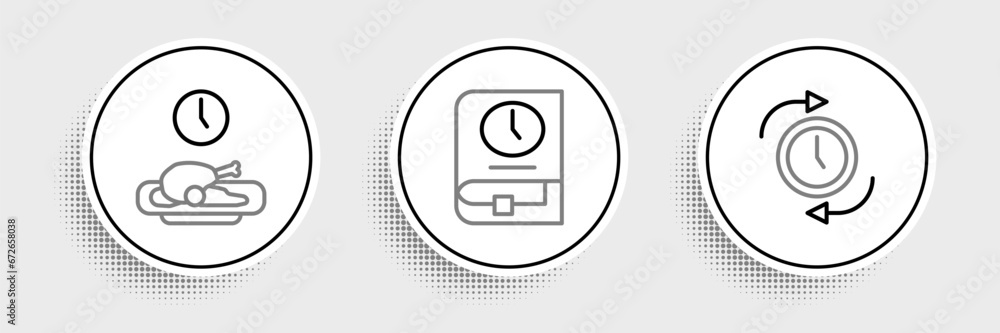 Poster set line clock with arrow, food time and time for book icon. vector