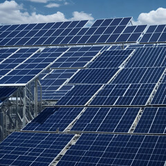 Architectural Detail of Metal Roofing on Commercial Construction Solar panels or Solar cells Over Factory, Blue Sky With Sun Rays, Generative AI