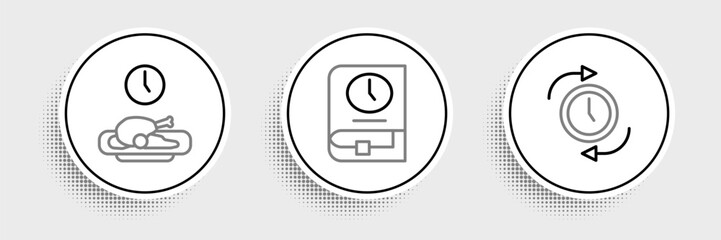 Set line Clock with arrow, Food time and Time for book icon. Vector