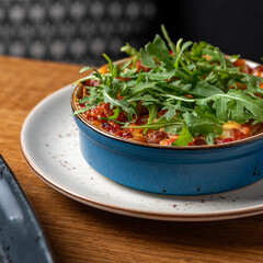 Lasagna with tuna. Fish with bechamel sauce. restaurant The concept of healthy eating.