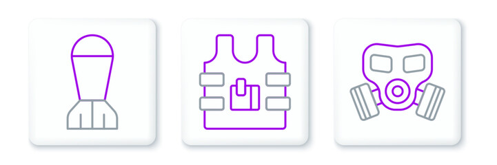 Set line Gas mask, Aviation bomb and Bulletproof vest icon. Vector