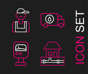 Set line Water supply pipes, Pressure water meter, Plumber service car and icon. Vector