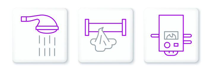 Set line Gas boiler, Shower and Broken pipe icon. Vector