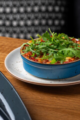 Lasagna with tuna. Fish with bechamel sauce. restaurant The concept of healthy eating.