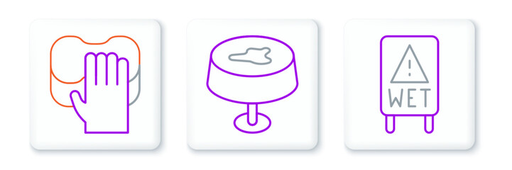 Set line Wet floor, Cleaning service and Stain on the tablecloth icon. Vector
