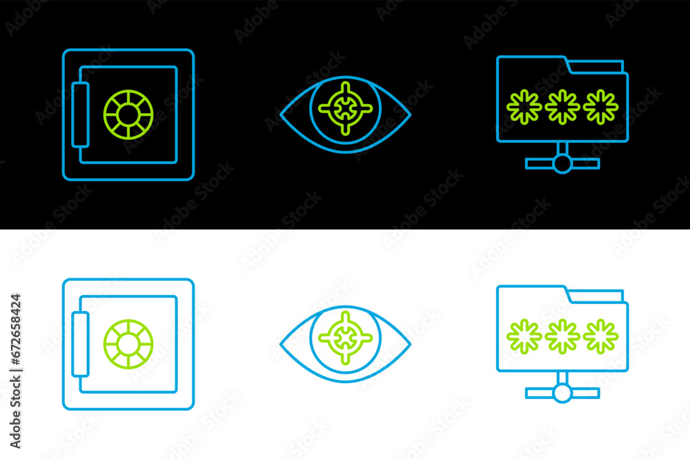 Sticker Set line Folder with password, Safe and Eye scan icon. Vector