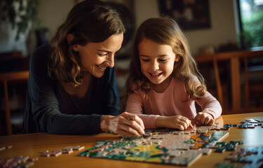 a teacher and child play a puzzle together