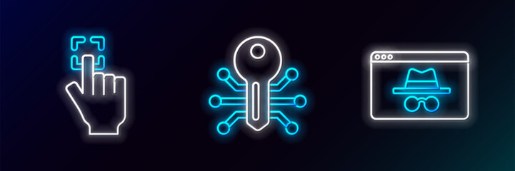Set line Browser incognito window, Fingerprint and Smart key icon. Glowing neon. Vector