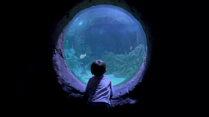 Curious child having fun watching fish swimming. Kid looking at marine life in oceanarium aquatic habitat. High quality 4k footage