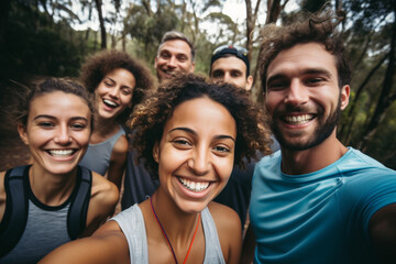 Portrait of group of friends is taking a selfie after a good weekend run, Everyone has a toothy smile