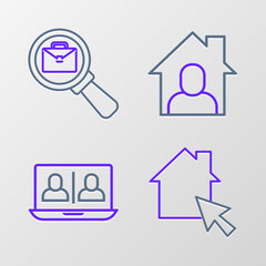 Set line Online working, Video chat conference, and Magnifying glass with briefcase icon. Vector