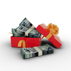 Barbados dollar notes inside an open red gift box. Barbados dollar inside and flying around a gift box. 3d rendering of money inside box isolated on transparent background
