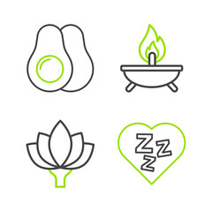 Set line Sleepy, Lotus flower, Aroma candle and Avocado fruit icon. Vector