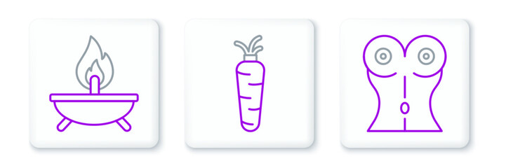 Set line Women waist, Aroma candle and Carrot icon. Vector