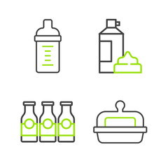 Set line Butter in a butter dish, Bottle with milk, Whipped cream bottle and Baby icon. Vector