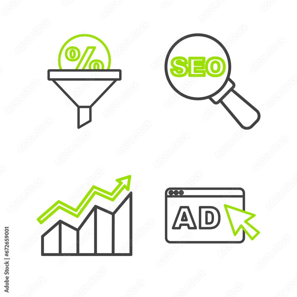 Sticker Set line Advertising, Financial growth increase, SEO optimization and Lead management icon. Vector