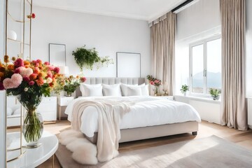 modern living room with bed and flowers