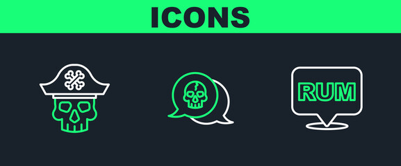 Obraz premium Set line Alcohol drink Rum, Pirate captain and Skull icon. Vector