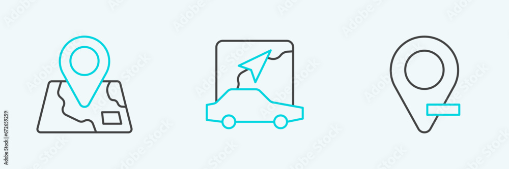 Poster set line location, folded map with location marker and city navigation icon. vector