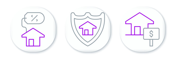 Set line House with dollar, percant and shield icon. Vector