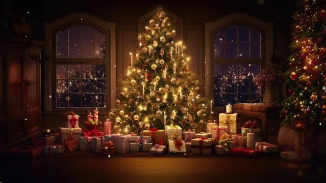 Evening room setting, Christmas tree lights glowing, presents wrapped. Urban backdrop.