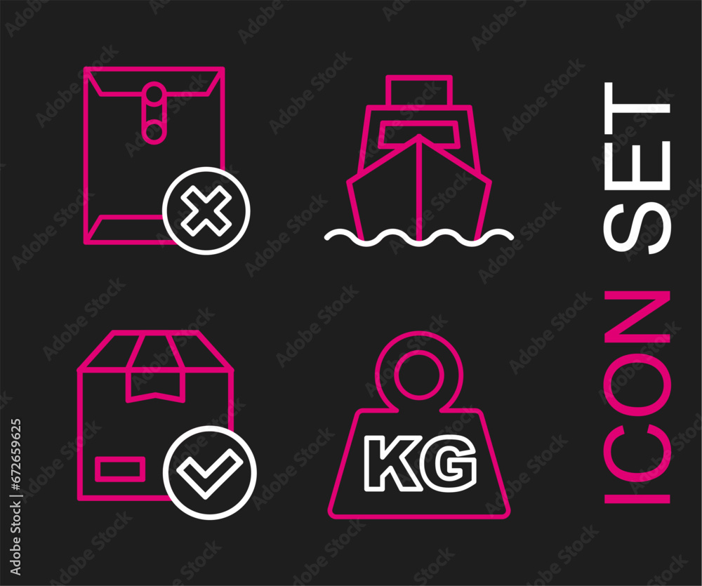 Poster set line weight, ackage box with check mark, cargo ship boxes delivery and delete envelope icon. vec